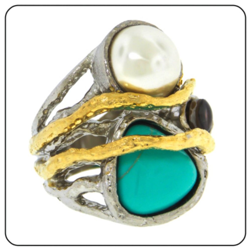Ring Two toned Green Turquoise stone Cream Pearl silver gold 5 6 9 10 NWT